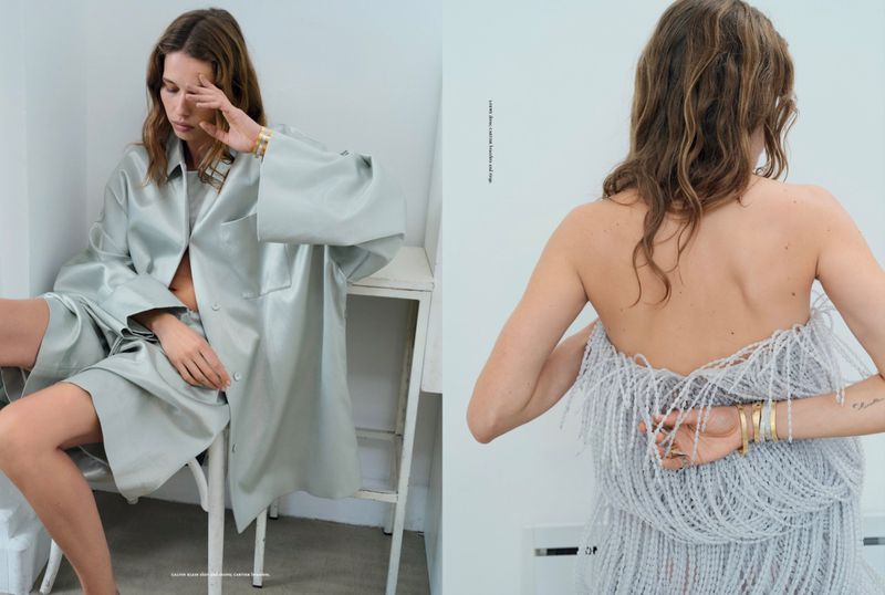 Two-panel fashion shot: woman in oversized blue shirt, woman with beaded dress against a white wall, soft light, studio setting.