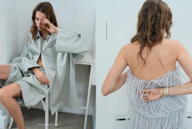 Two-panel fashion shot: woman in oversized blue shirt, woman with beaded dress against a white wall, soft light, studio setting.