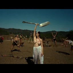 Model holding a large metal shovel overhead in an open dusty landscape with other women working in the background for Playboy.
