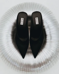 Top-down view of black pointed mules resting inside a coiled metallic silver ring against a clean white background