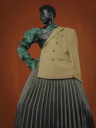 Black man wearing avant-garde asymmetrical green sleeve, yellow blazer, and pleated skirt against a warm brown background