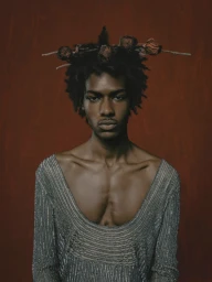 Portrait of a Black man wearing a textured grey scoop-neck top with dried roses woven into his hair against a reddish-brown backdrop.