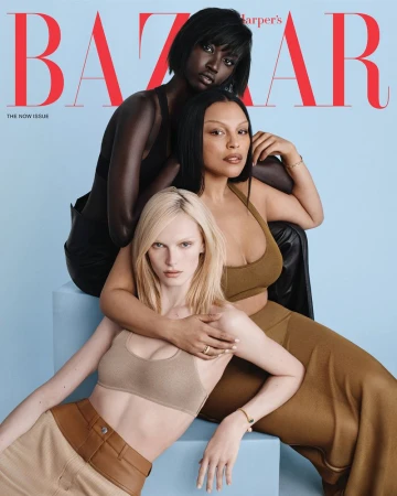 Harper's Bazaar cover featuring three women of diverse ethnicities in beige and black outfits, posing against a light blue background.