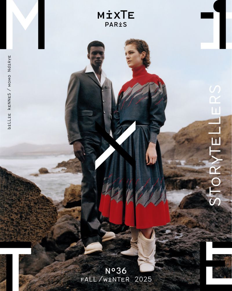 Two models posing on a rocky coastal shore under an overcast sky for Mixte magazine autumn winter 2025 editorial