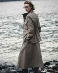 Model standing by a rocky lakeshore wearing a structured grey coat and tinted sunglasses for the Seventy Venezia campaign