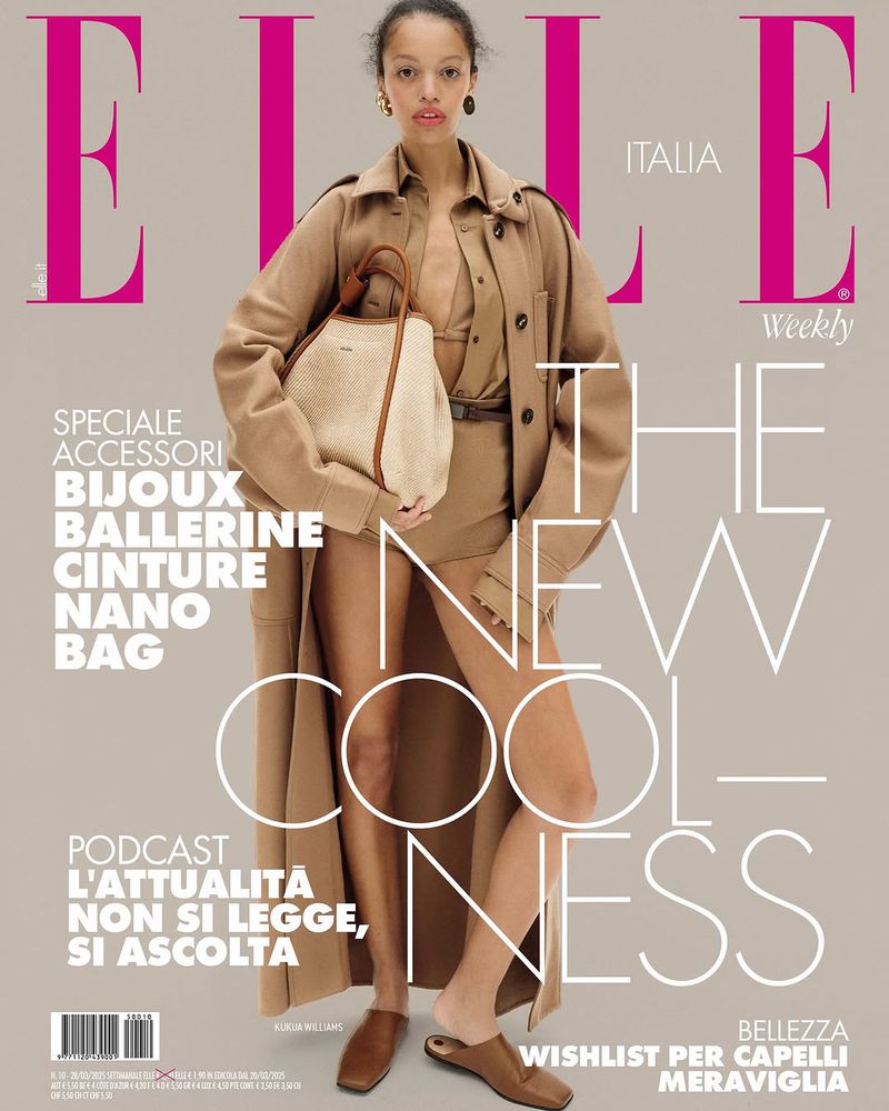Elle Italia cover featuring a model in a neutral outfit with a bag, showcasing fashion accessories and the magazine's weekly edition.