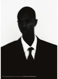 High-contrast black and white portrait of a man wearing a black wool suit jacket, white collared shirt, and silk tie.