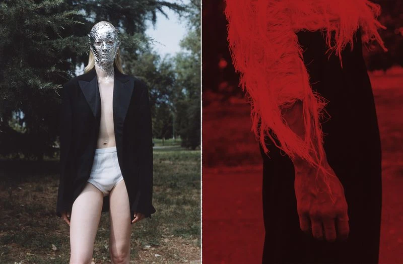 Non-binary person with metallic mask poses in a black jacket and underwear outside. Red-tinted image portion shows a hand and fringed textile.