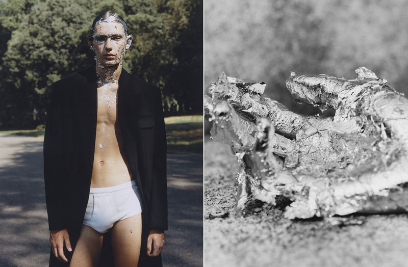 Man in underwear and an open coat with foil on his face stands outside on a road, along with a close-up of foil with a grey background.