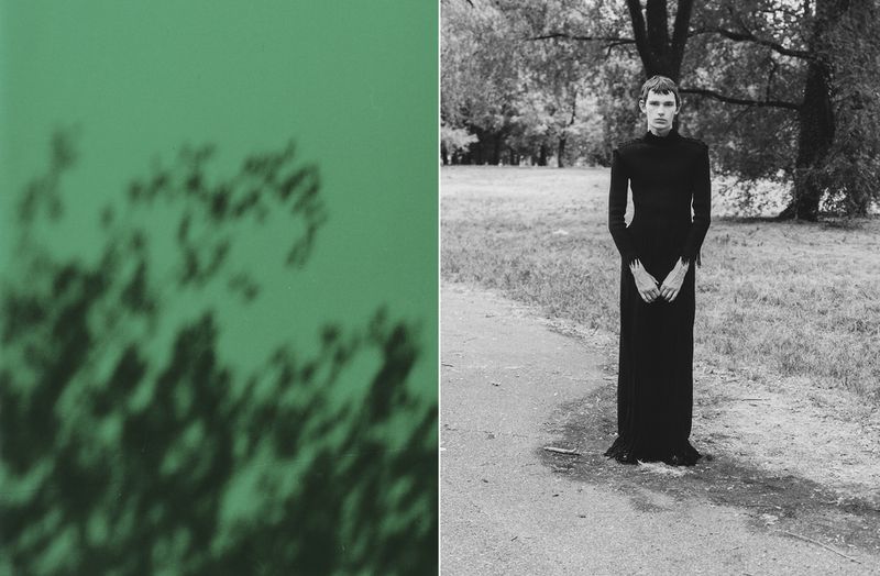 A person in a black gown stands on a path in a grassy park, contrasted with a blurry green texture in a divided image.