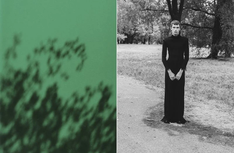 A person in a black gown stands on a path in a grassy park, contrasted with a blurry green texture in a divided image.