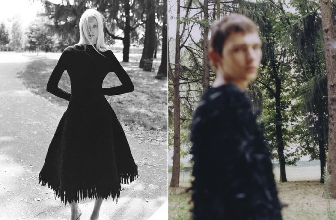 Diptych of a woman in a black fringe midi dress and an out-of-focus man in a textured black top against trees in an outdoor park.