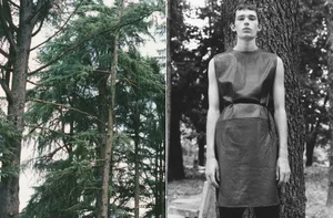 Diptych of evergreen pine trees beside male model Noah Bates wearing a sleeveless leather tunic against a tree trunk.
