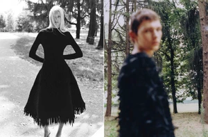 Diptych of a woman in a black fringe midi dress and an out-of-focus man in a textured black top against trees in an outdoor park.