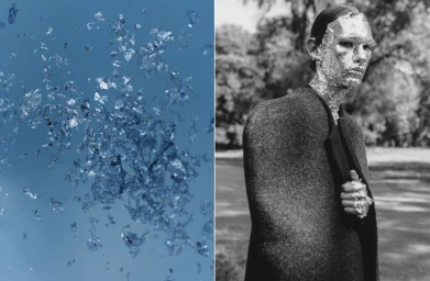 Diptypt photograph of flying blue fragments and a monochrome model with silver foil on face