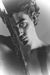 Black and white close-up portrait of a shirtless young man with dramatic shadow across his face and a patterned object in foreground
