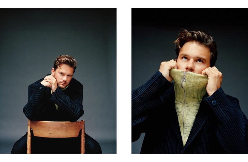 Two-panel studio portrait of a young adult man in a dark jacket and light-colored turtleneck, looking stylish against a dark backdrop.