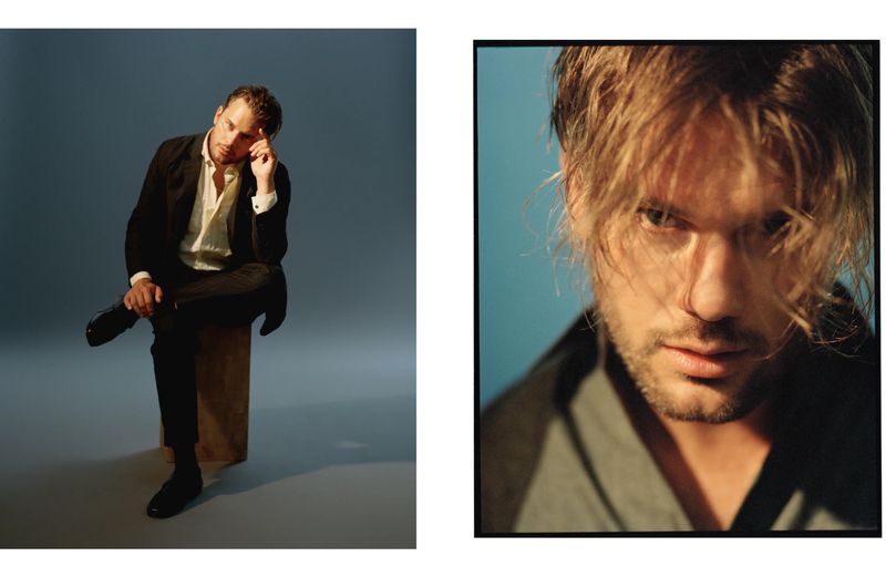 Portrait of a man in a black suit seated on a wooden box, contrasted with a close-up portrait with bright lighting and blond hair.