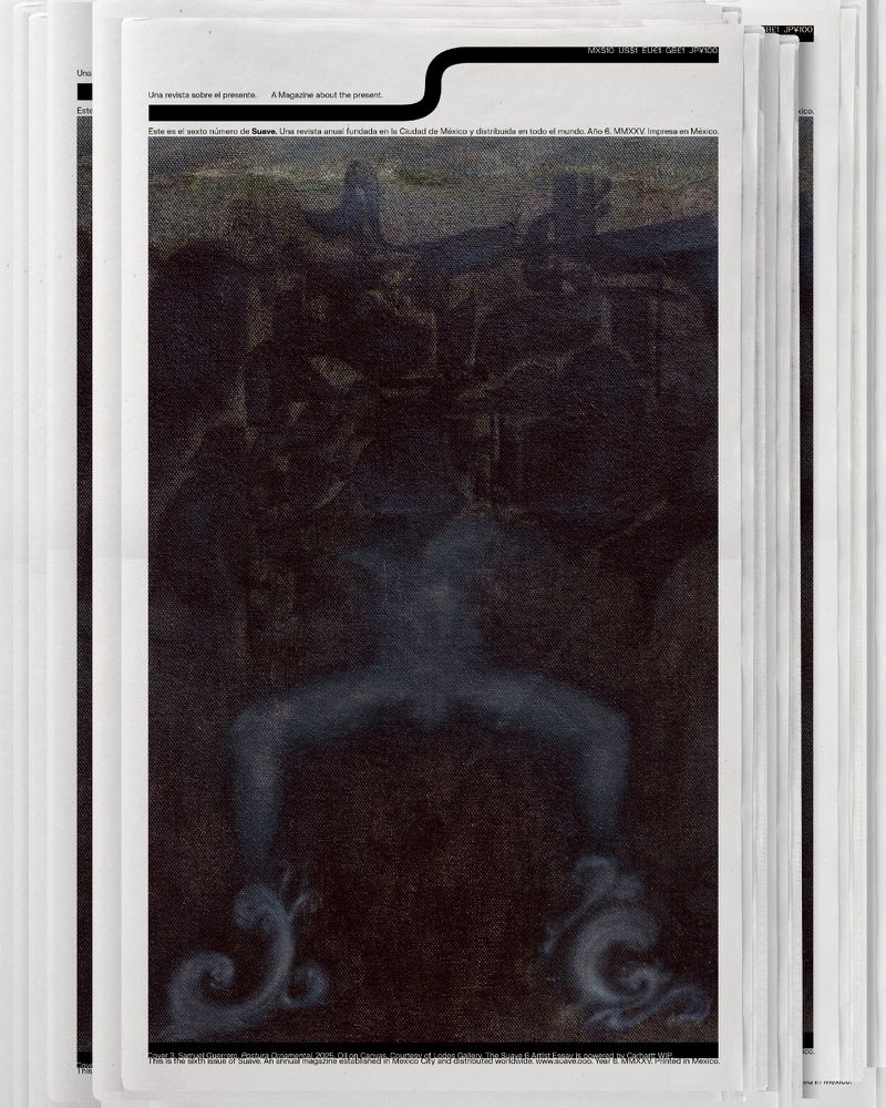 Newspaper photo of a dark art painting of a human-like figure with elaborate curled decorations at the end of its legs.