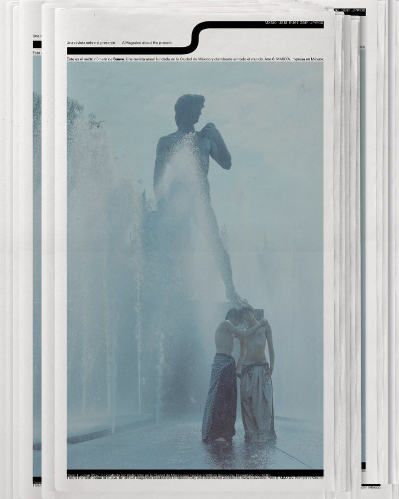 Two shirtless men standing in a fountain, with a tall sculpture of a man in the background, depicted on a printed media cover.