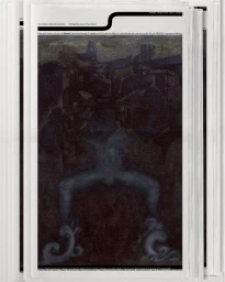 Printed publication page featuring a dark textured painting with fluid swirls at the bottom, stacked inside a white frame.