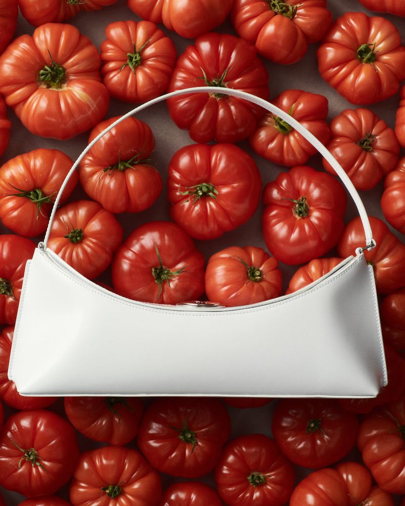 Overhead shot of a white handbag on a background covered in fresh, vibrant red tomatoes, emphasizing colors and textures.