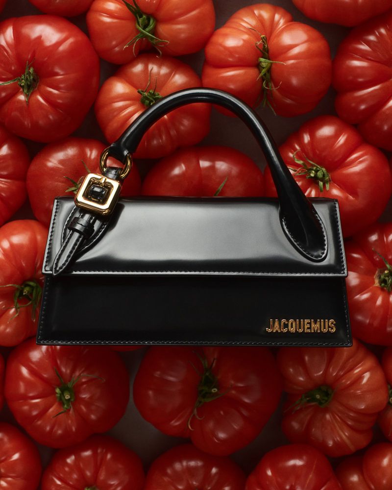 Close-up of a glossy black handbag with a gold buckle on a bed of vibrant red tomatoes. Fashionable accessory and fresh produce.