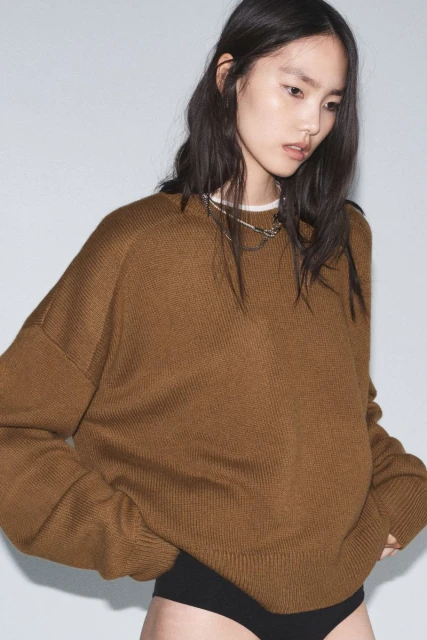 A young Asian woman models a brown, oversized sweater with a crew neck, set against a clean, neutral studio backdrop in a fashion shot.