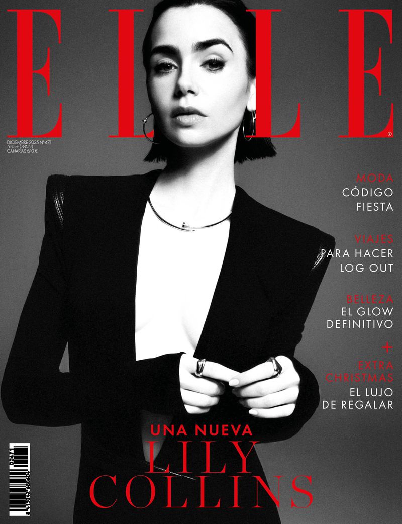 Lily Collins on Elle Magazine cover; she wears a black blazer and necklace; the shot shows the upper half of her body against a gray background.