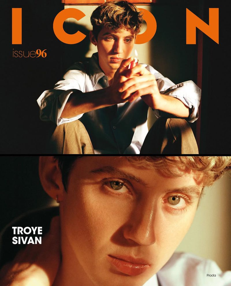 Magazine cover featuring Troye Sivan in two close-up shots, one seated and one a portrait, against a dark background with orange text.
