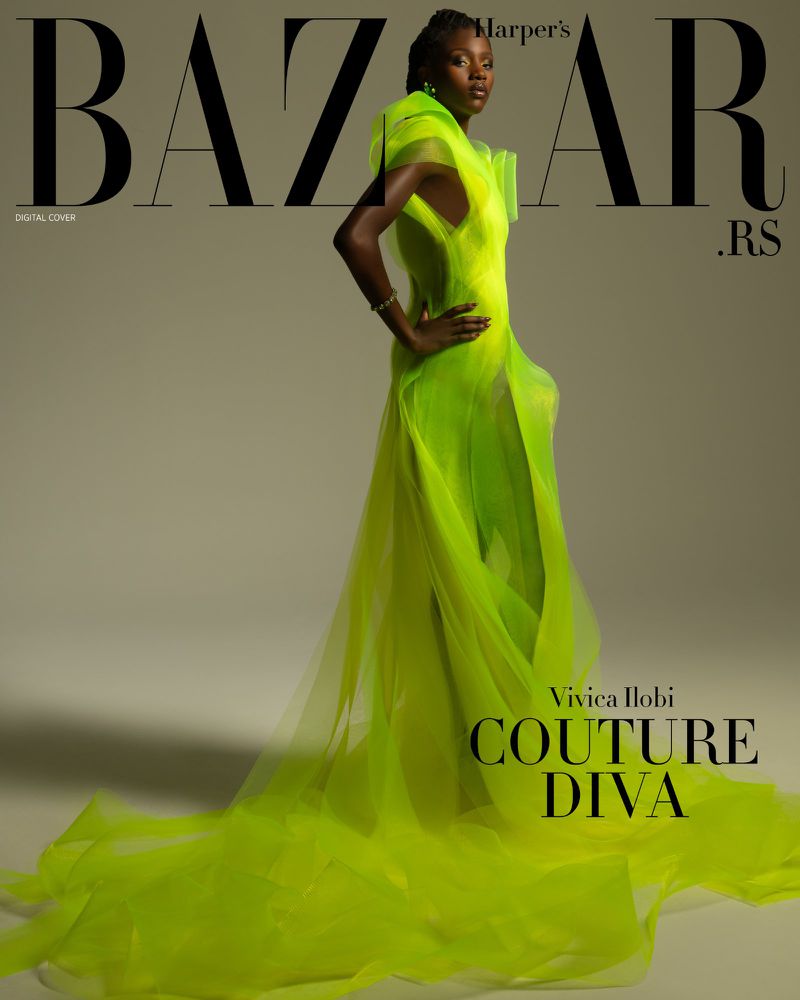 Magazine cover featuring a woman in a vibrant chartreuse couture gown, Harper's Bazaar logo, and fashion branding text on a light gray background.