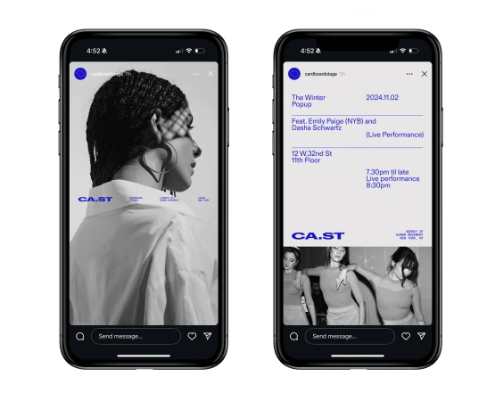 Two phone screens display black and white artistic advertisements: one a woman's profile, the other three women standing together.