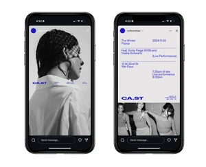 Two smartphones showing Instagram story layouts with black and white photography and blue typography on a white background.