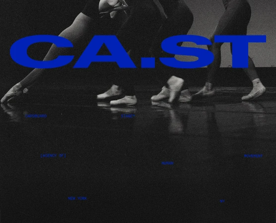 Monochrome view of dancers' feet in ballet slippers moving across a dark stage under bold blue CA.ST typography.