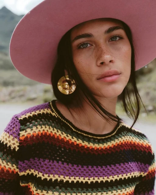 Portrait of a woman with fair skin, wearing a pink hat and a striped shirt, posing against a blurred outdoor background.