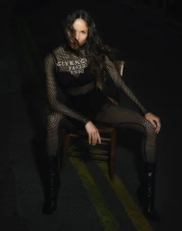 Natasha Poly seated on a wooden chair on an asphalt street at night wearing a black Givenchy fishnet bodysuit and boots.