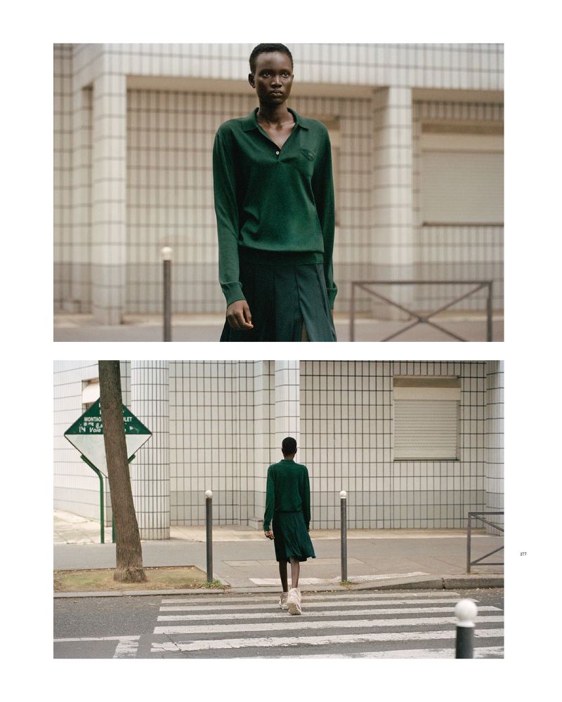 Diptych of model Aluel Keror in a forest green long-sleeve polo and matching pleated skirt on a city street for Vogue Polska.