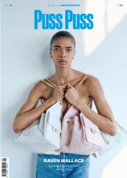 Raven Wallace wearing denim jeans holding multiple handbags against a light background for Puss Puss Magazine
