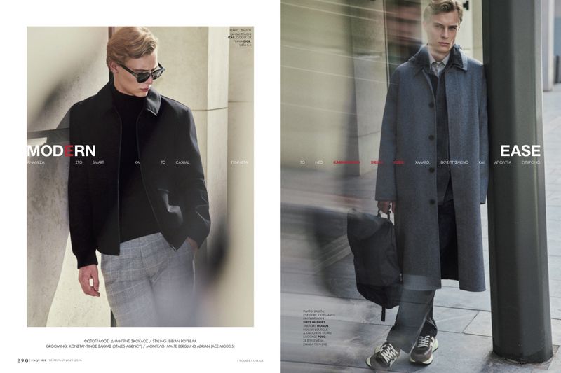 Fashion editorial featuring two adult men in modern fall and winter clothing, shot outdoors with diffused light and blurred motion.