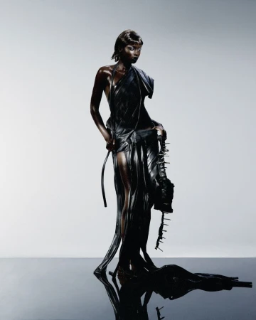 Woman in avant-garde black dress with spike accents, posing against a white studio backdrop with reflective floor, showcasing high fashion.