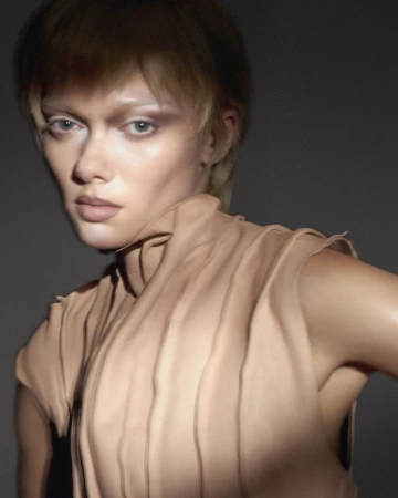 Model with blonde hair and muted makeup wearing a pleated neutral top against a dark moody background