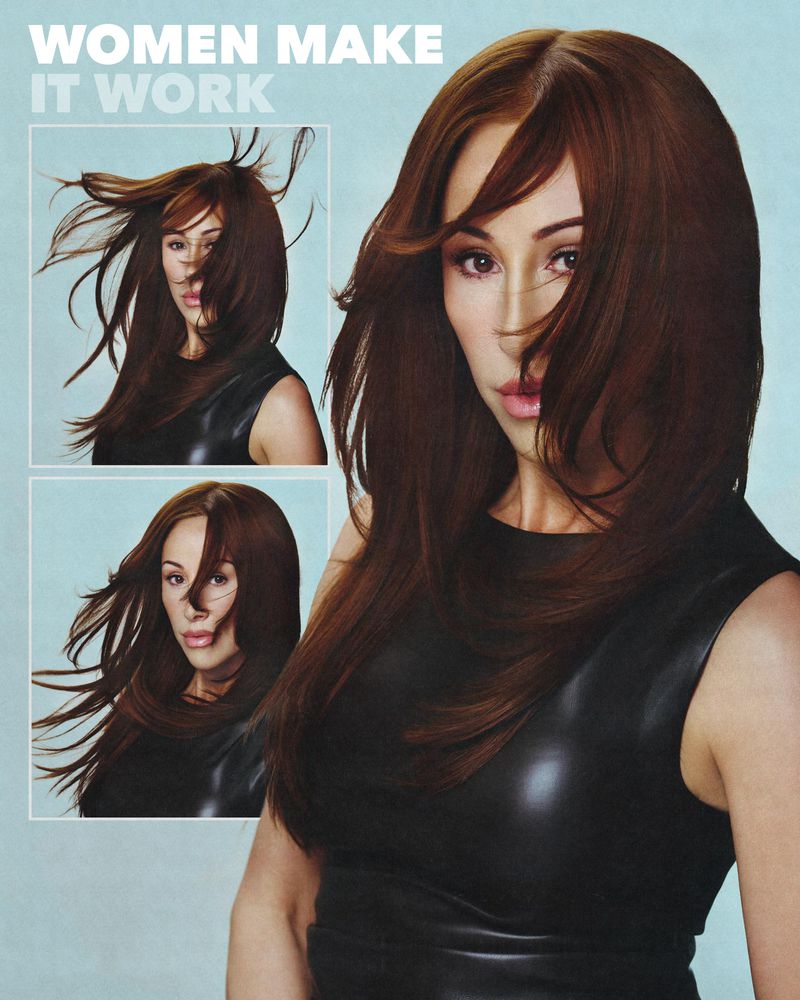 Portrait of a woman with long brown hair, wearing a black sleeveless dress, with additional images showing her hair in motion.