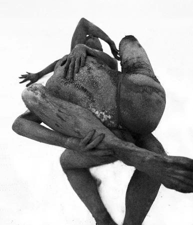 Black and white image of two naked adult humans intertwined, close-up perspective, on a white background with a textured look.