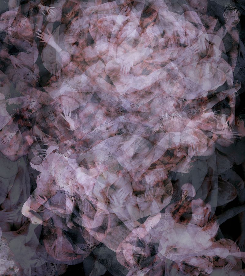 Digitally manipulated image of overlaid, abstract human figures with neutral expressions and obscured features, in shades of pink, purple, and black.