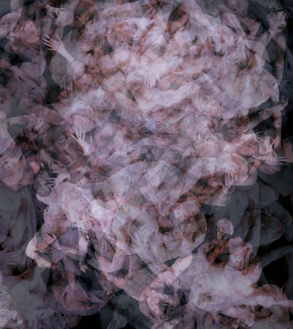 Digitally manipulated image of overlaid, abstract human figures with neutral expressions and obscured features, in shades of pink, purple, and black.