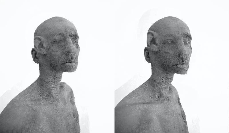 Monochrome portrait of two torsos, heads, and necks with neutral expressions against a seamless white backdrop in a vertical format.