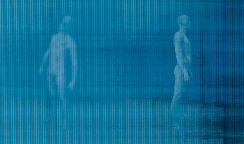 Abstract digital artwork featuring two translucent figures in a blue, vertically-lined environment, creating a modern and ethereal composition.