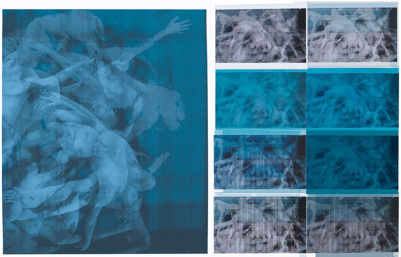 Abstract artwork featuring ghostly human figures in shades of blue and gray, with a textured, layered effect and a distressed aesthetic.