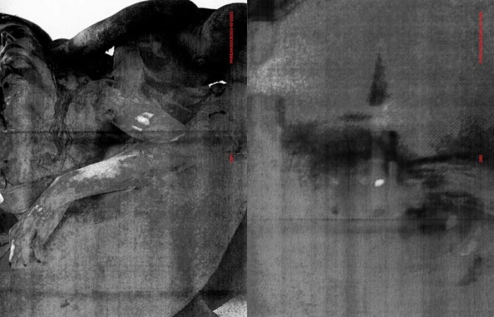 Monochrome art featuring a prone human figure; possible sculpture with high contrast and grainy texture in close-up. Striking visual art.