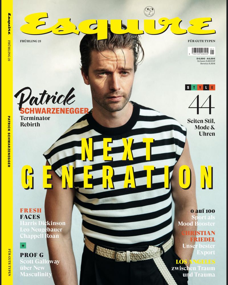 Magazine cover featuring Patrick Schwarzenegger in a striped shirt and belt. The 'Esquire' title and 'Next Generation' are in yellow text.